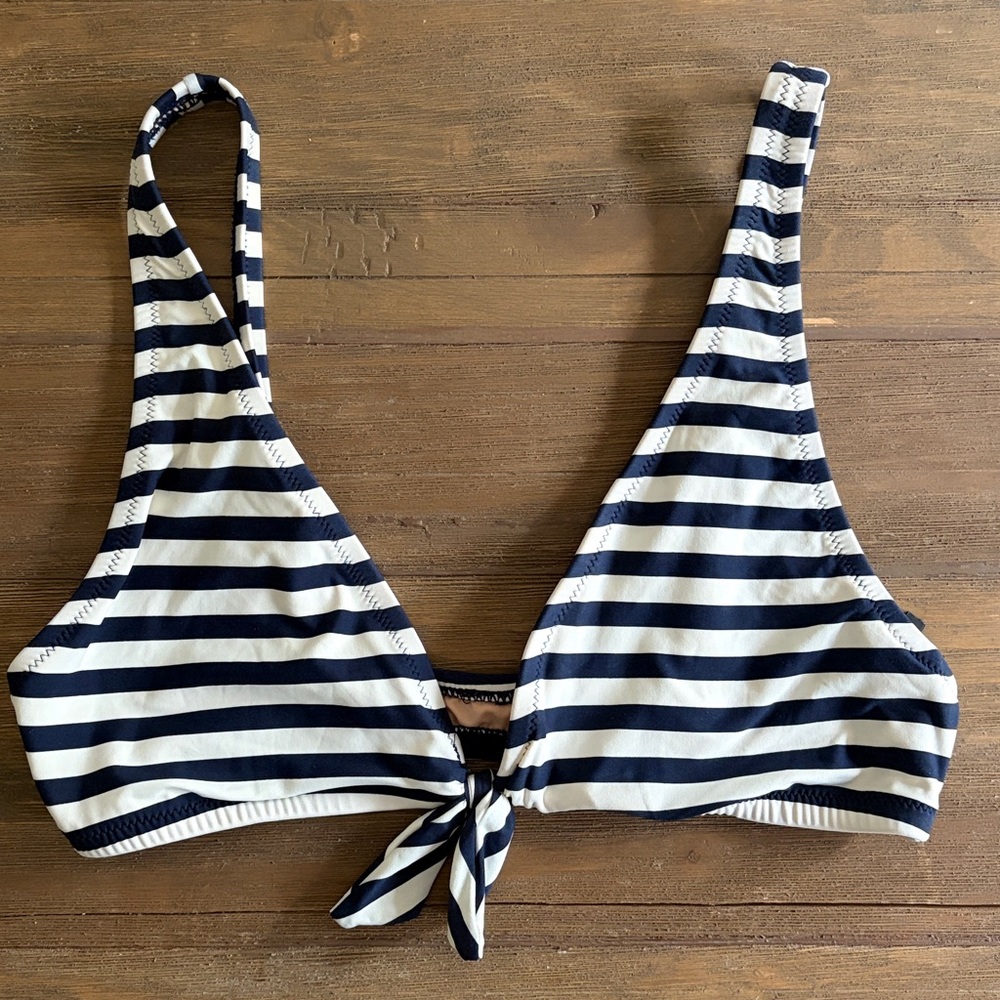 J Crew Tie-Front Triangle Navy Striped Bikini Top AK371